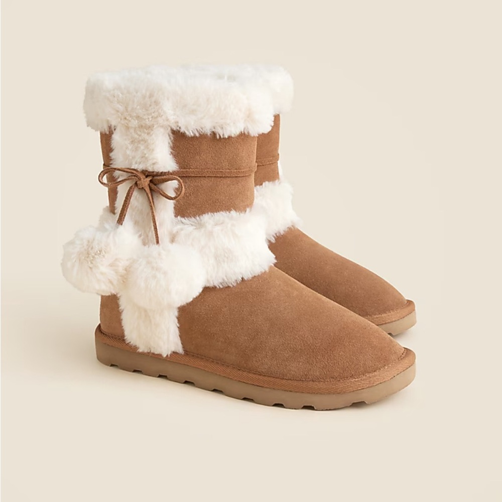 J. Crew NIB Faux-Fur Lined Cozy Brown Booties in Suede with Pom-Pom‎